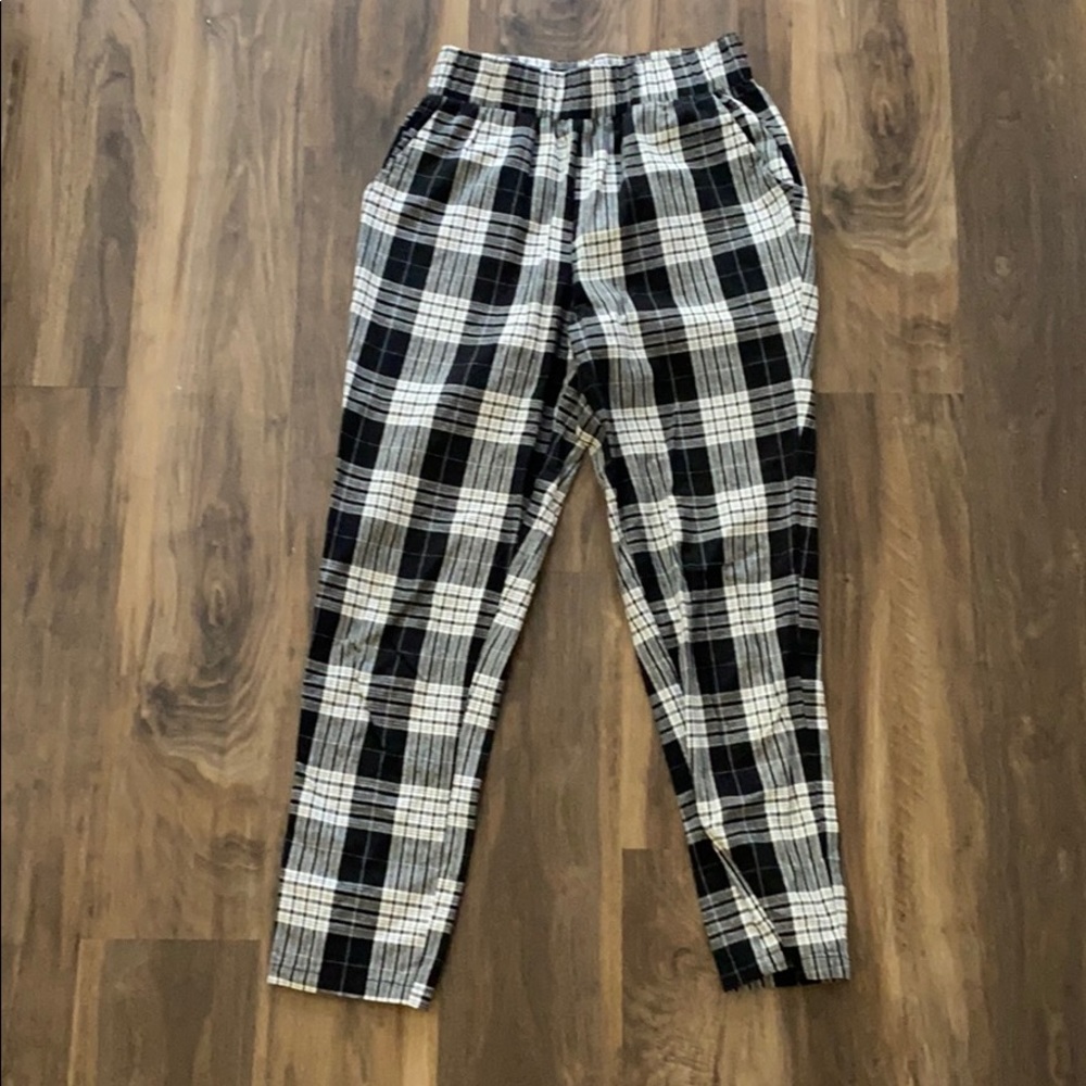 NUDE Elastic High Waist Plaid Cropped Ankle Pants